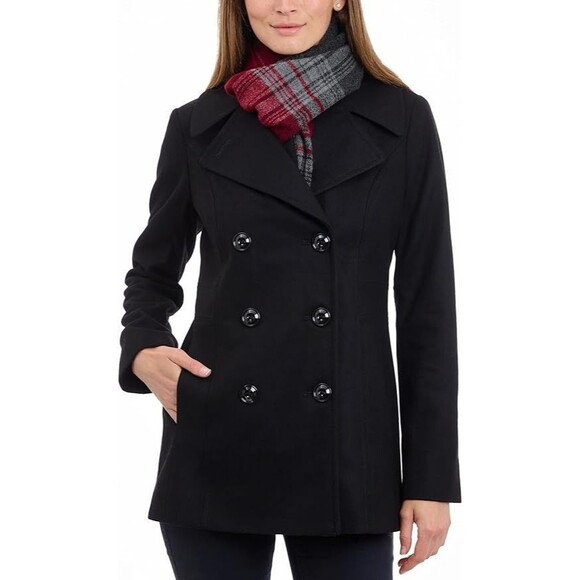 London Fog Womens Wool Double Breasted Peacoat With Scarf Pea Coat Black Large - Picture 2 of 12